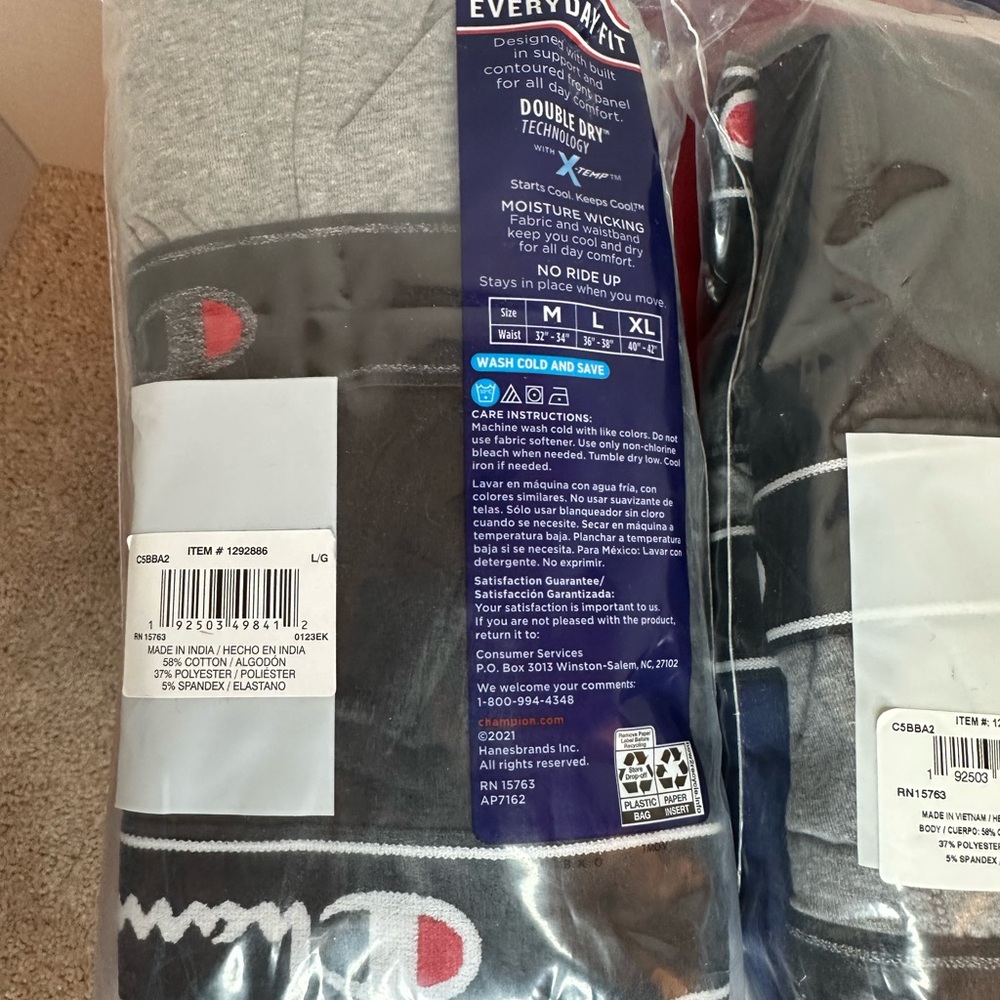 (2) Champion Elite Men's Boxer Briefs - Black, Gray, Blue size Large New in Bag - Picture 7 of 9